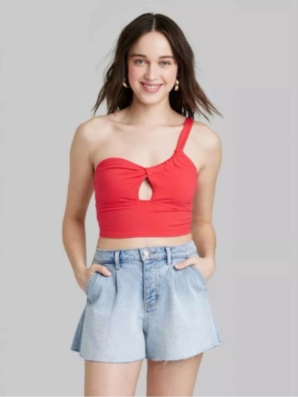 Red One Shoulder Adjustable Crop Top‎ Ruched Asymmetrical Barbiecore Y2K Party S
